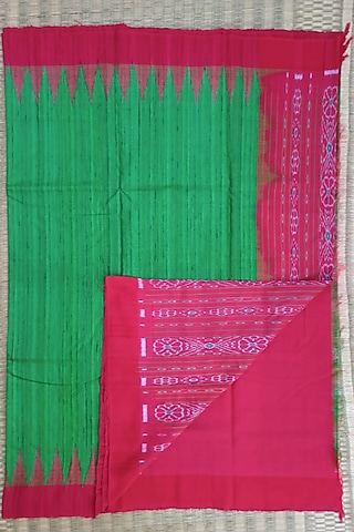 Green & Red Handwoven Saree by Shibaprasad Das