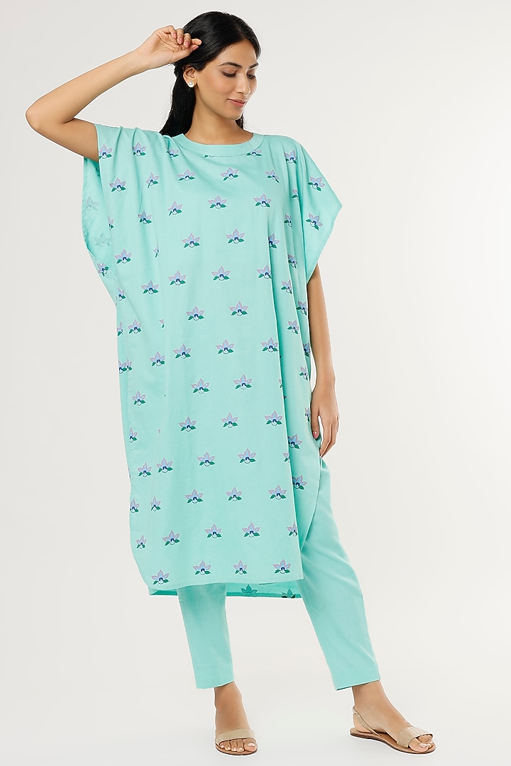 Mint Green Printed & Embroidered Kaftan Set Design by Label By Shalini