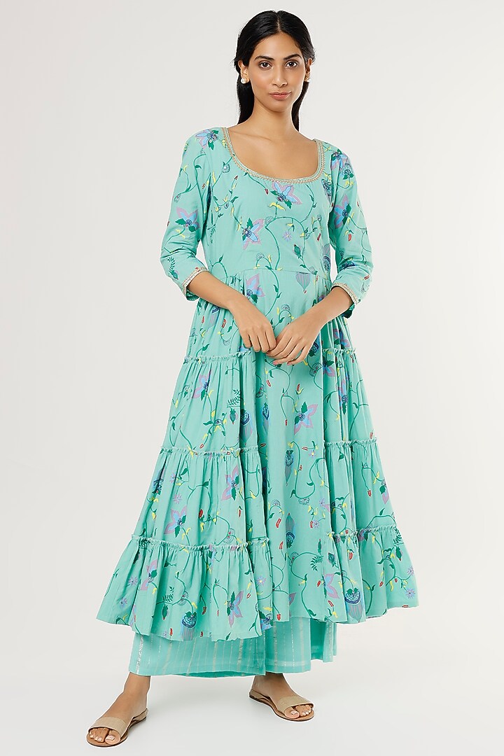 Mint Green Printed & Embroidered Anarkali Set Design by Label By