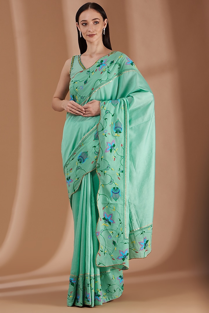 Mint Green Hand Printed Saree Set by Label By Shalini Bhagat