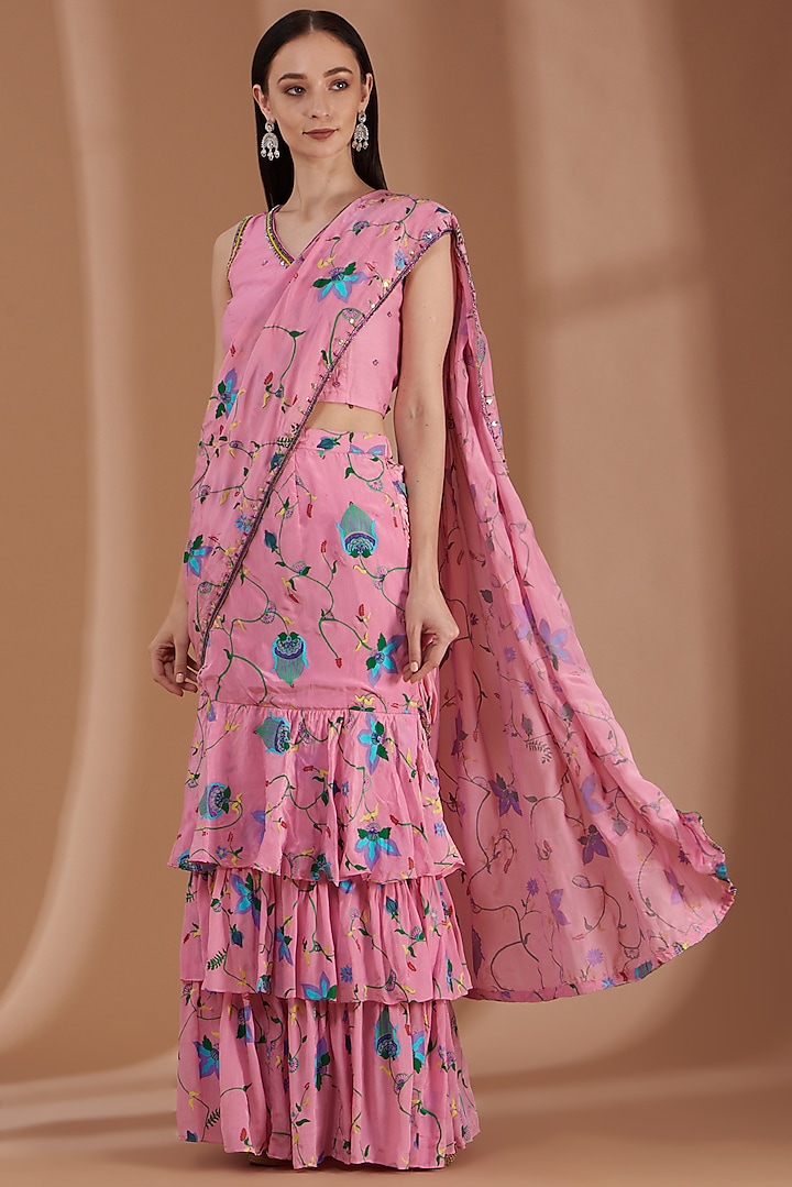 Rose Pink Embroidered Pre-Draped Saree Set by Label By Shalini Bhagat