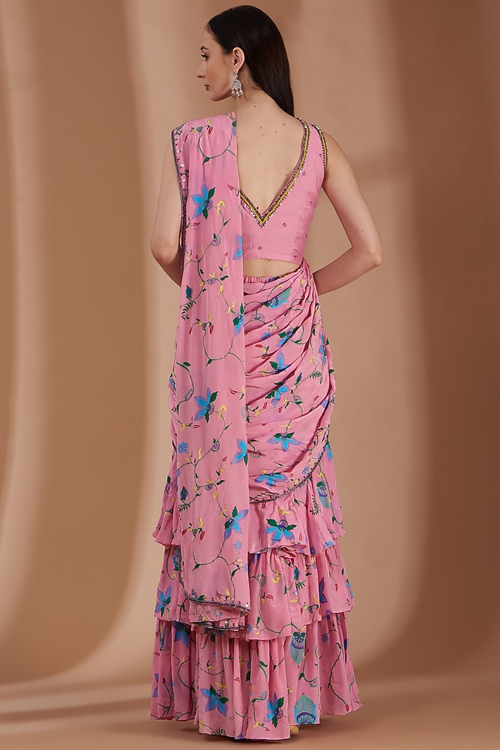 Rose Pink Embroidered Pre-Draped Party Wear Saree Set by Label By Shalini Bhagat at Pernia's Pop Up Shop