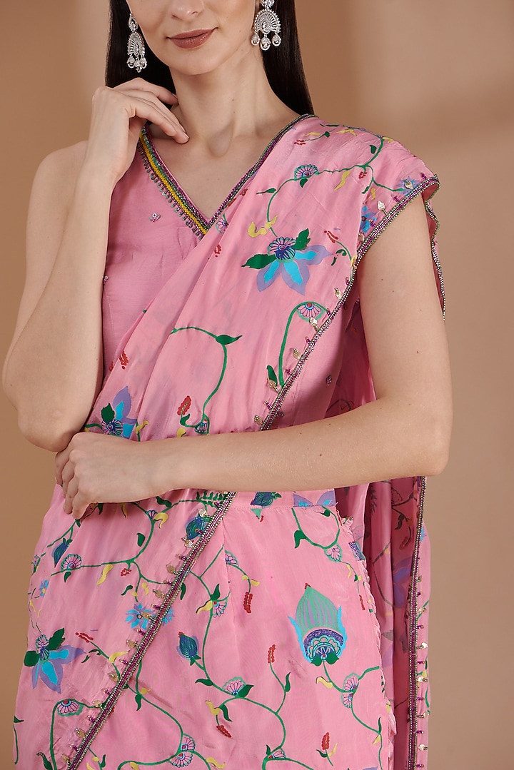 Rose Pink Embroidered Pre-Draped Party Wear Saree Set by Label By Shalini Bhagat at Pernia's Pop Up Shop