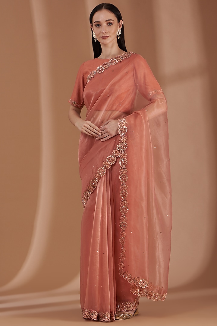Peach Hand Embroidered Saree Set by Label By Shalini Bhagat