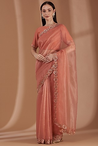 Peach Hand Embroidered Saree Set by Label By Shalini Bhagat