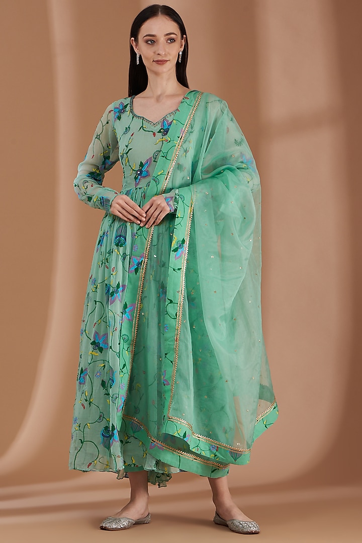 Mint Green Hand Printed Anarkali Set by Label By Shalini Bhagat