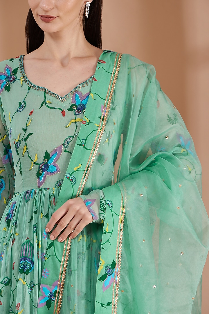 Mint Green Hand Printed Party Wear Anarkali Set by Label By Shalini Bhagat at Pernia's Pop Up Shop