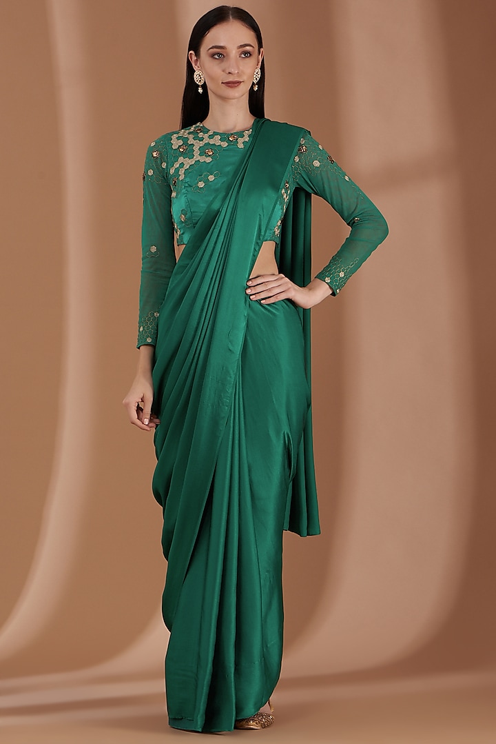 Emerald Green Satin Saree Set by Label By Shalini Bhagat