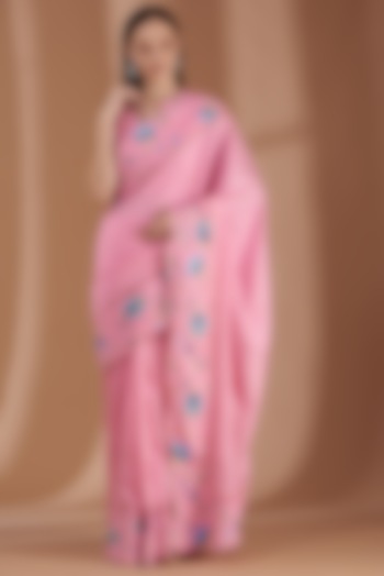 Rose Pink Hand Printed Saree Set by Label By Shalini Bhagat