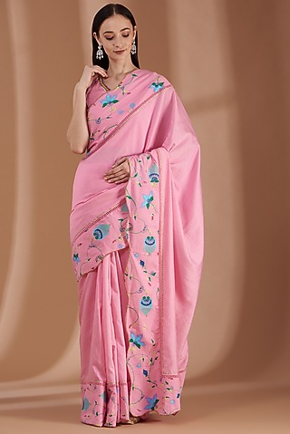 Rose Pink Hand Printed Saree Set by Label By Shalini Bhagat