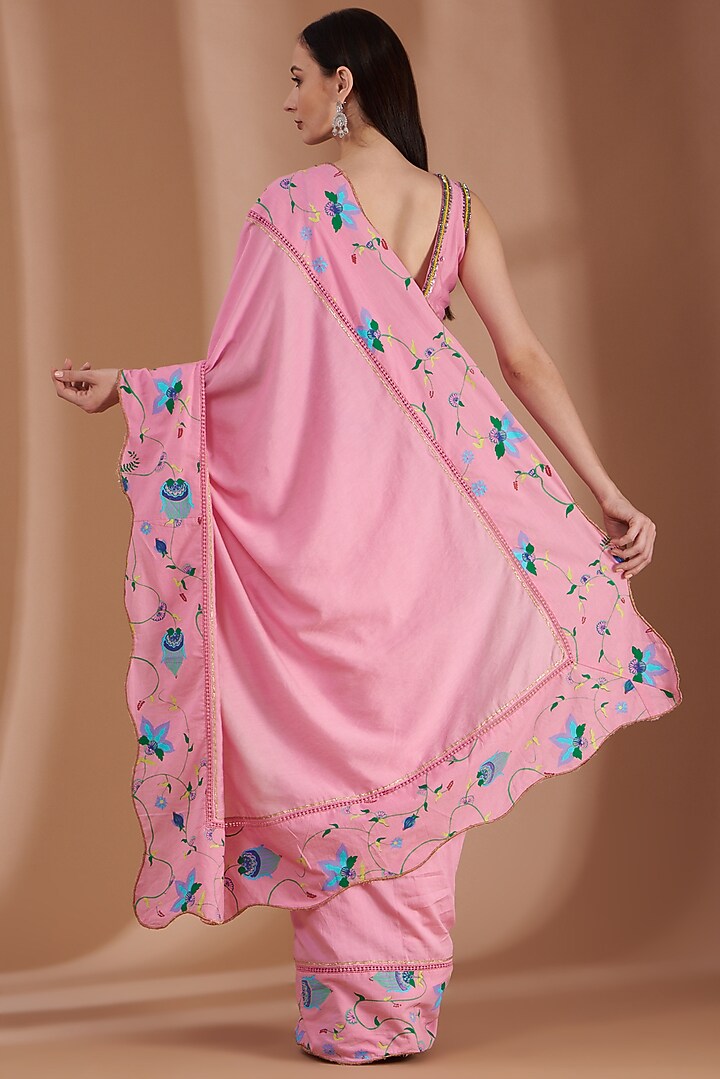 Rose Pink Hand Printed Party Wear Saree Set by Label By Shalini Bhagat at Pernia's Pop Up Shop