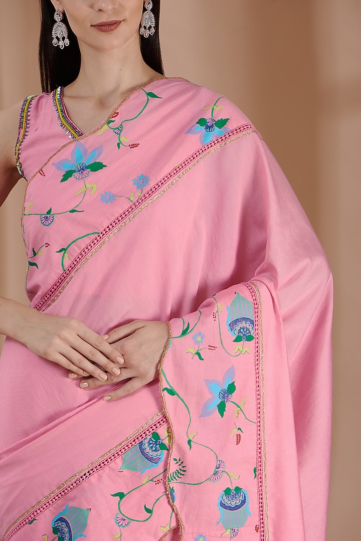 Rose Pink Hand Printed Party Wear Saree Set by Label By Shalini Bhagat at Pernia's Pop Up Shop
