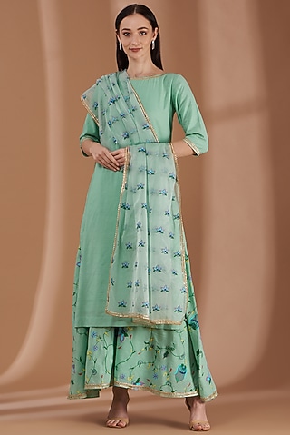 Mint Green Hand Printed Kurta Set by Label By Shalini Bhagat