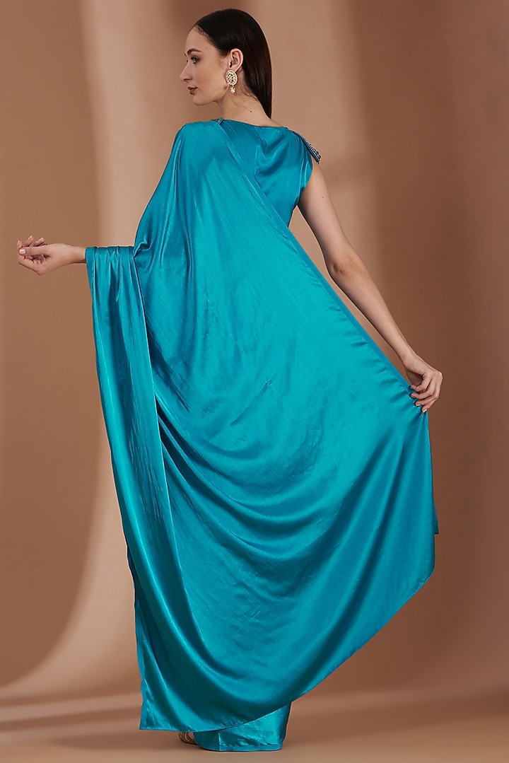 Sapphire Blue Satin Party Wear Saree Set by Label By Shalini Bhagat at Pernia's Pop Up Shop