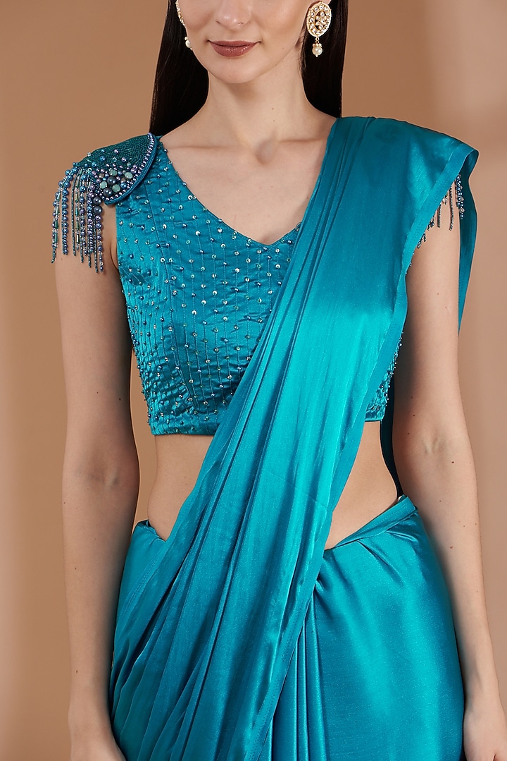 Sapphire Blue Satin Party Wear Saree Set by Label By Shalini Bhagat at Pernia's Pop Up Shop