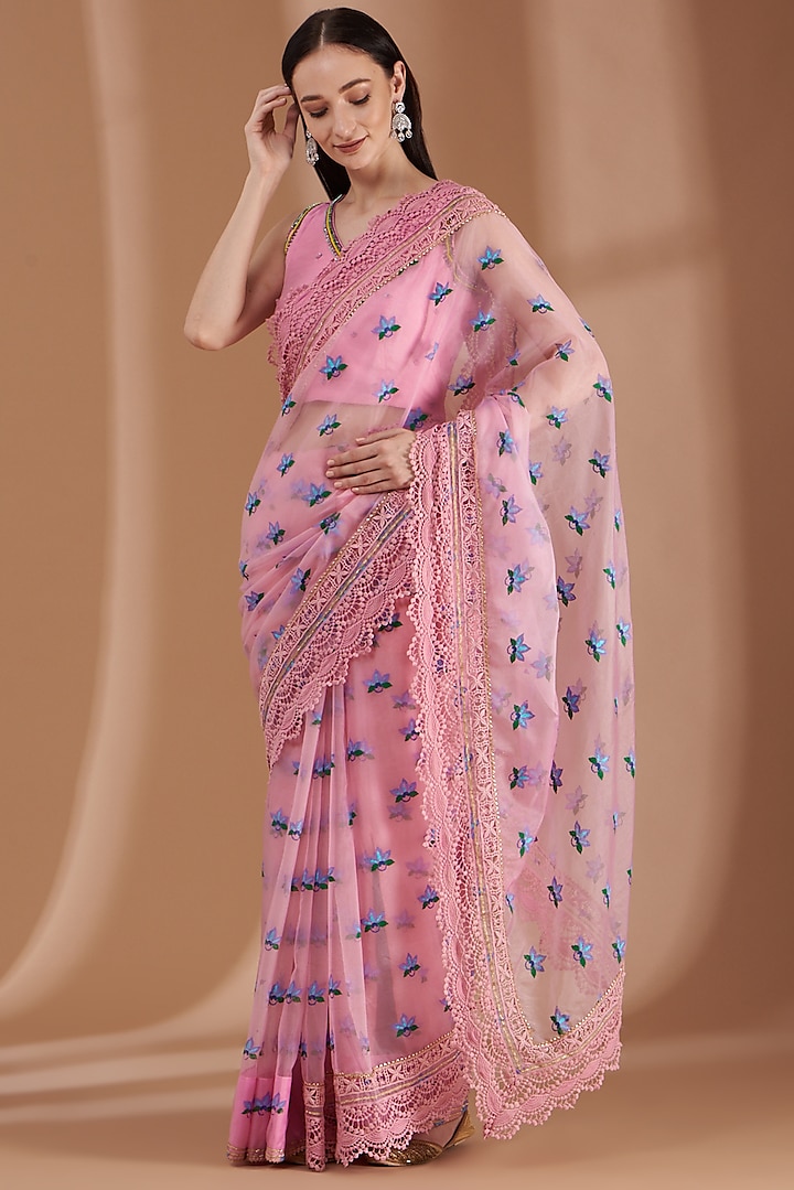 Rose Pink Printed Saree Set by Label By Shalini Bhagat
