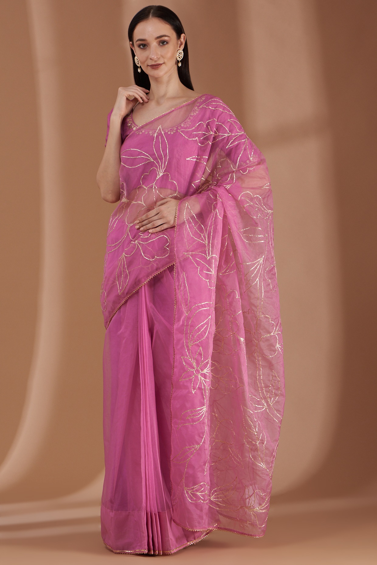 Buy Onion Pink Printed Saree And Blouse Set With Jacket In Banarasi Silk