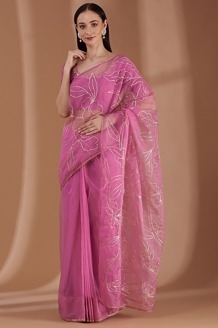 Onion Pink Embroidered Saree Set by Label By Shalini Bhagat