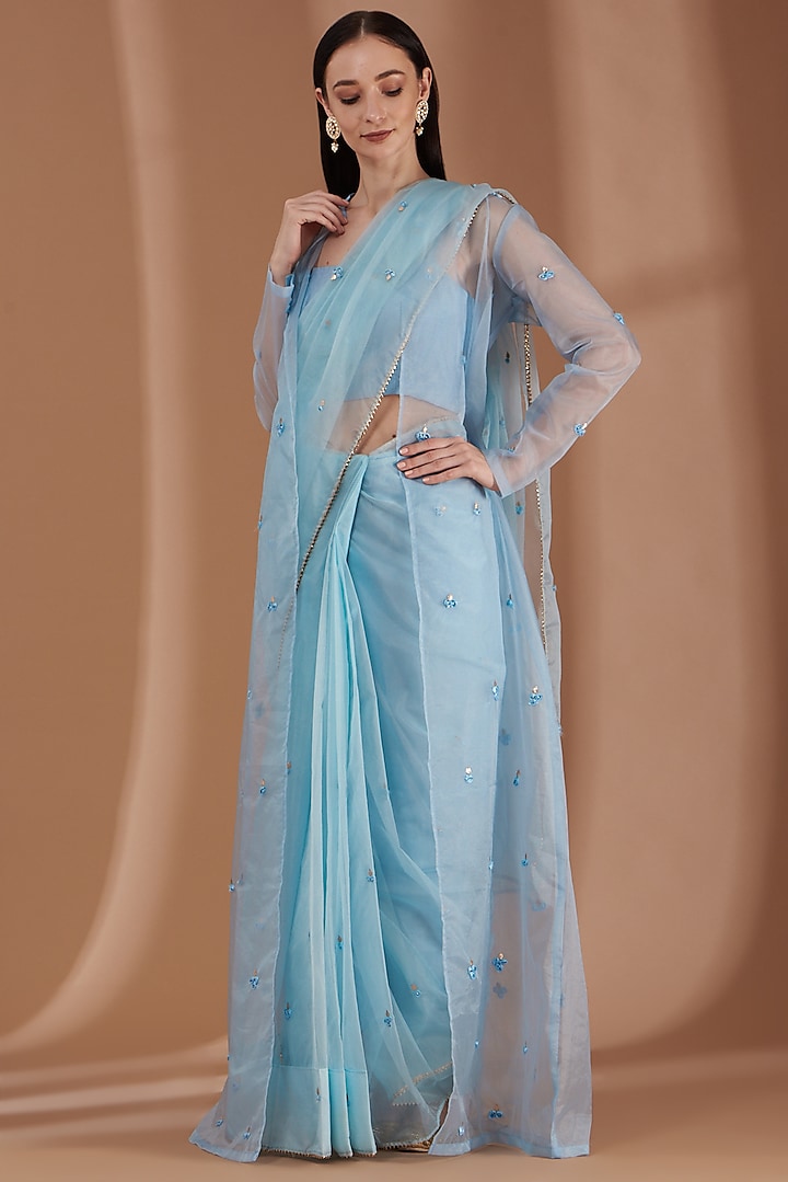 Powder Blue Embroidered Jacket Saree Set by Label By Shalini Bhagat