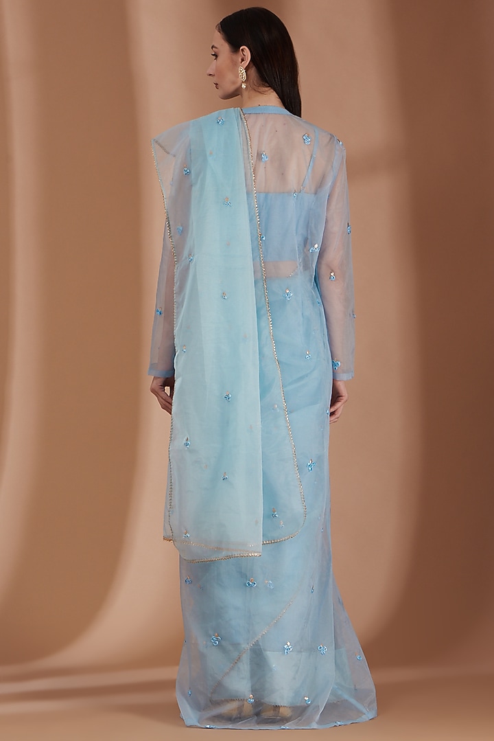 Powder Blue Embroidered Jacket Wedding Saree Set by Label By Shalini Bhagat at Pernia's Pop Up Shop