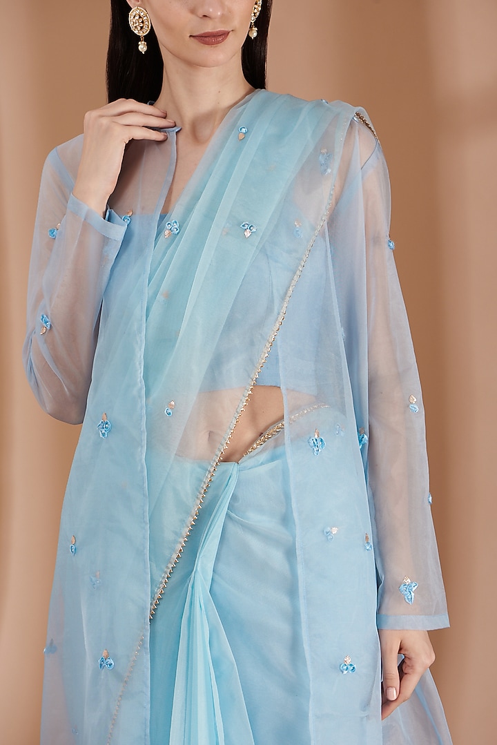 Powder Blue Embroidered Jacket Wedding Saree Set by Label By Shalini Bhagat at Pernia's Pop Up Shop