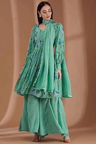 Mint Green Crepe Sharara Set by Label By Shalini Bhagat