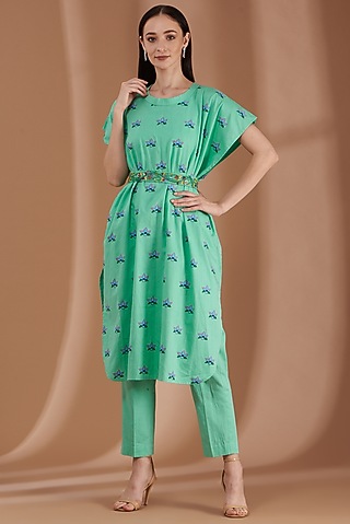 Mint Green Hand Printed Kaftan Set by Label By Shalini Bhagat