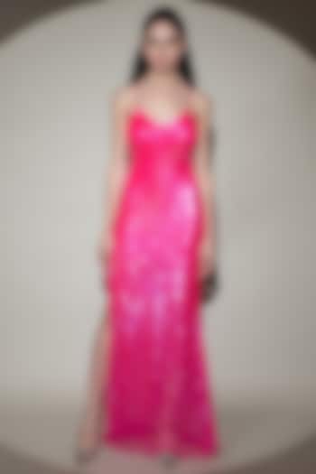Fuchsia Pink Tulle Net Hand Embellished Gown by Shine Bright