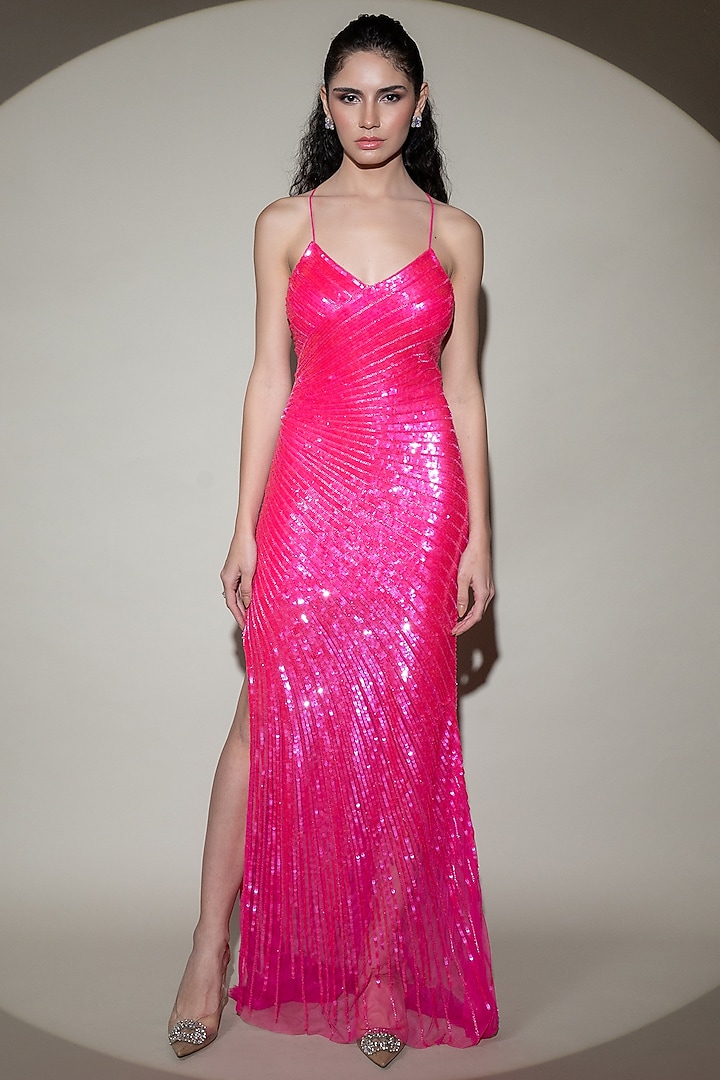 Fuchsia Pink Tulle Net Hand Embellished Gown by Shine Bright