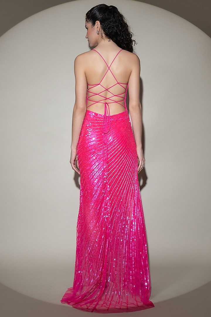 Fuchsia Pink Tulle Net Hand Embellished Party Wear Gown by Shine Bright at Pernia's Pop Up Shop