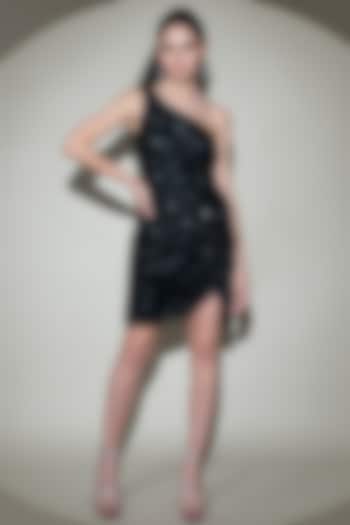 Black Tulle Net Sequins Hand Embellished One-Shoulder Mini Dress by Shine Bright