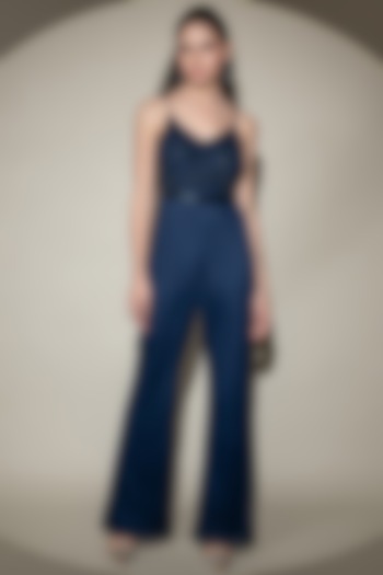 Navy Blue Tulle Net Hand Embroidered Jumpsuit by Shine Bright
