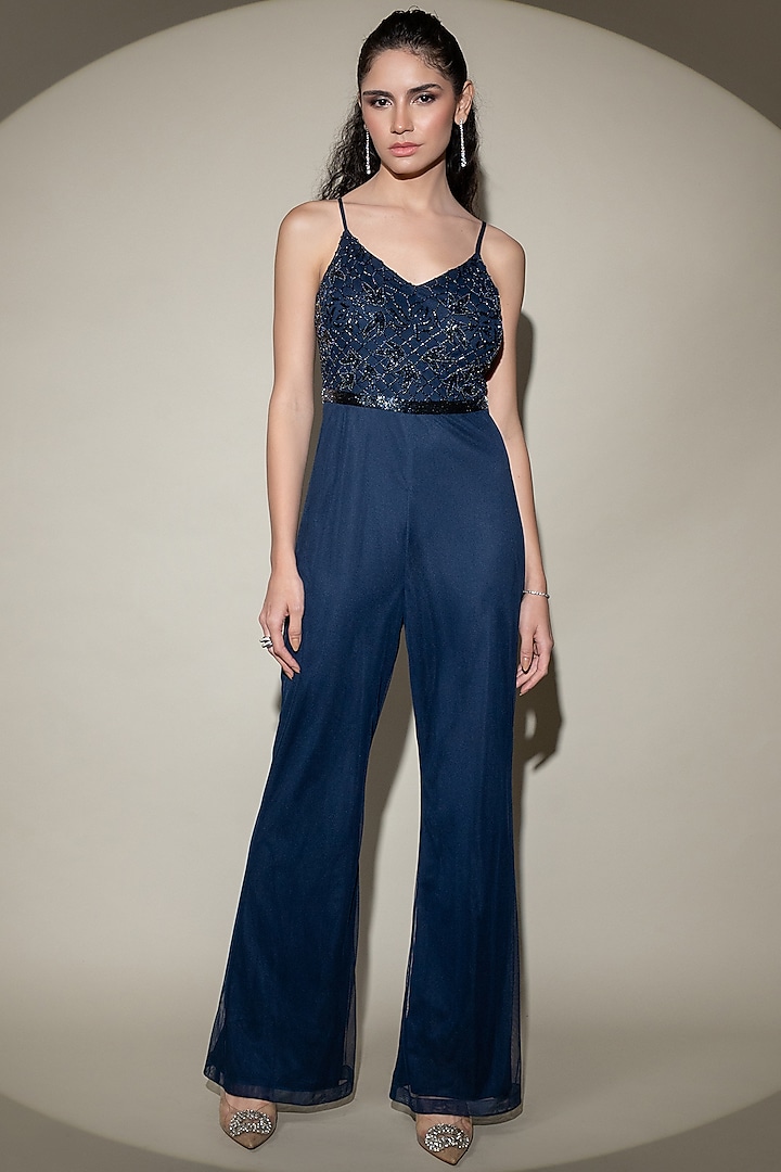 Navy Blue Tulle Net Hand Embroidered Jumpsuit by Shine Bright