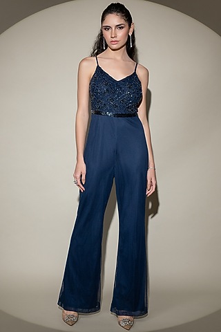 Navy Blue Tulle Net Hand Embroidered Jumpsuit by Shine Bright