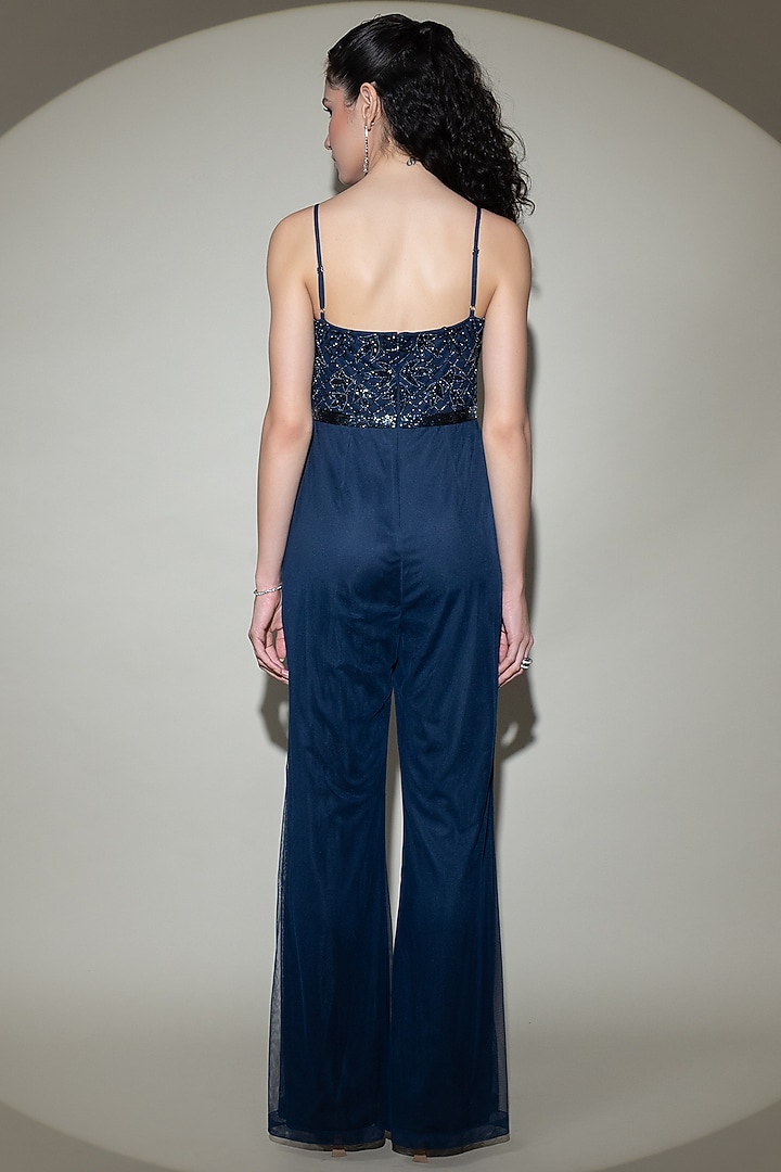 Navy Blue Tulle Net Hand Embroidered Jumpsuit by Shine Bright at Pernia's Pop Up Shop