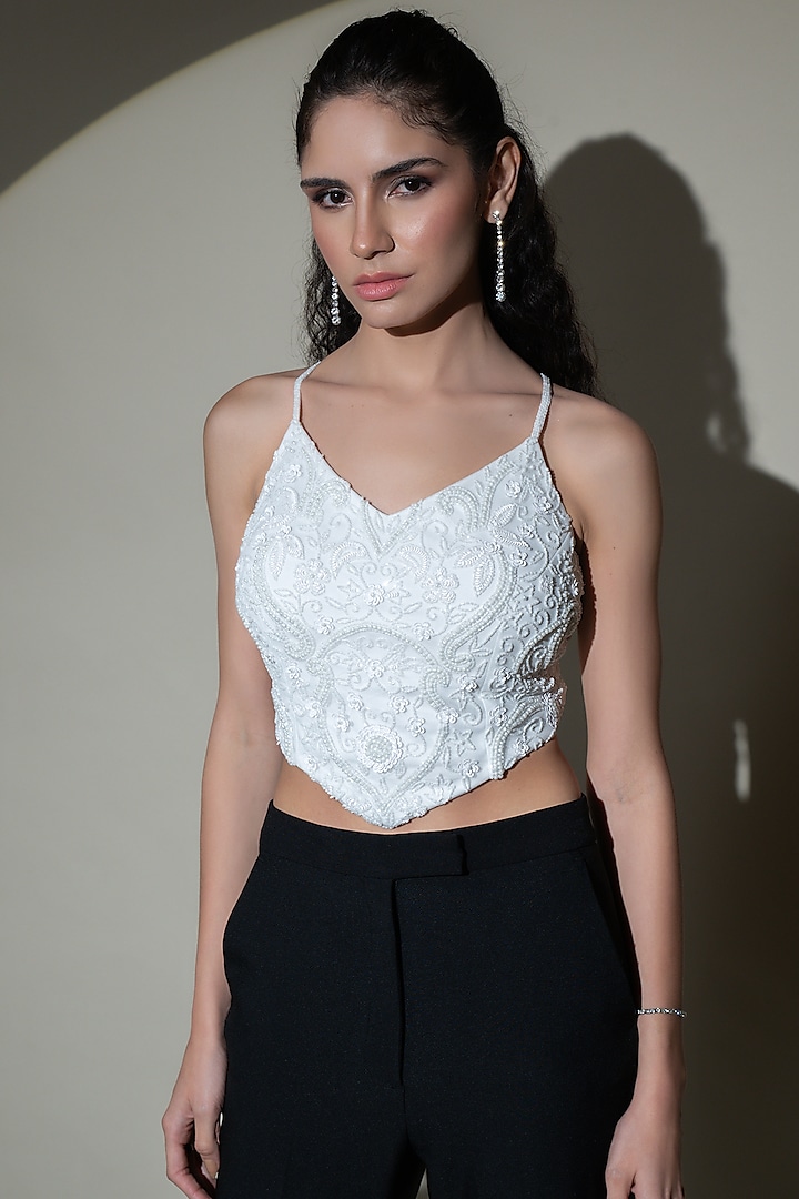 White Tulle Net Hand Embellished Top by Shine Bright