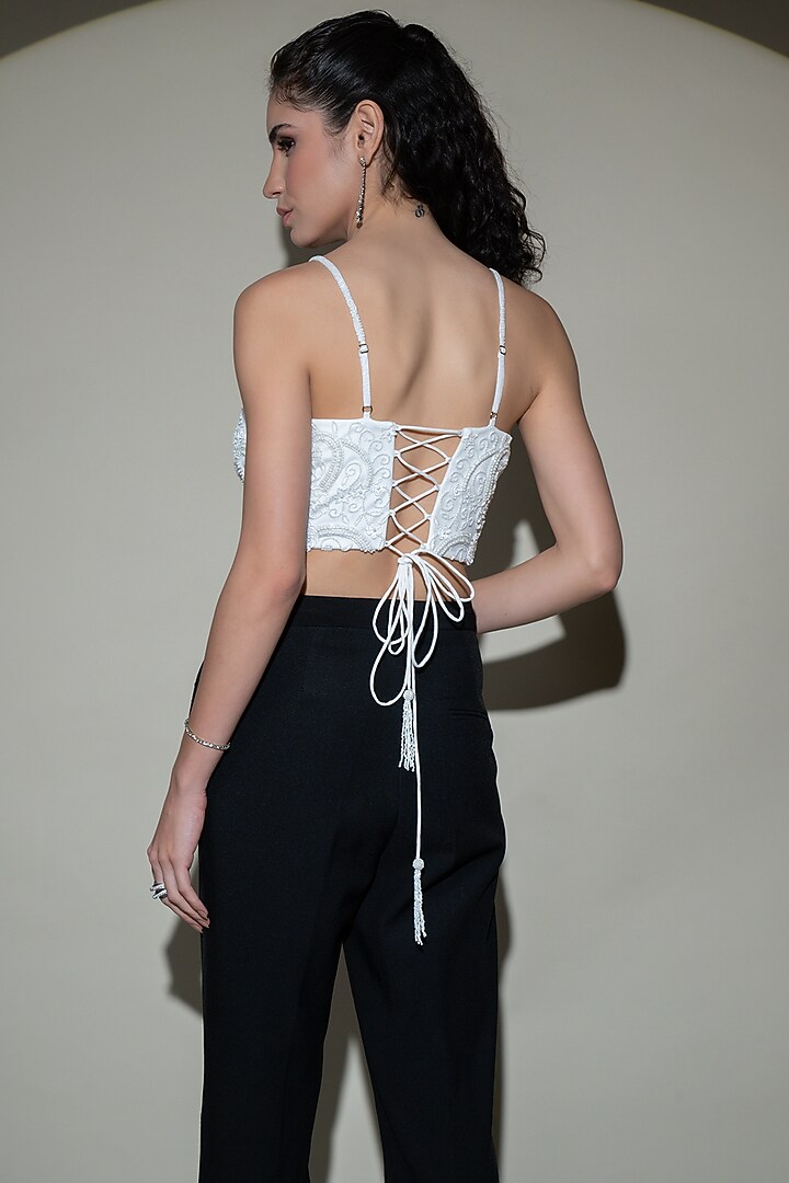 White Tulle Net Hand Embellished Top by Shine Bright at Pernia's Pop Up Shop