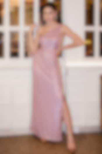 Cashmere Pink Tulle Net Hand Embellished One-Shoulder Gown by Shine Bright