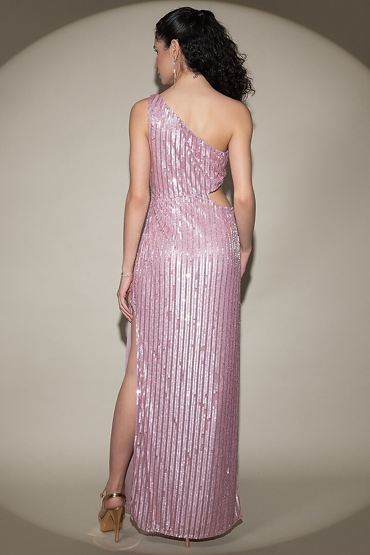 Cashmere Pink Tulle Net Hand Embellished One-Shoulder Party Wear Gown by Shine Bright at Pernia's Pop Up Shop