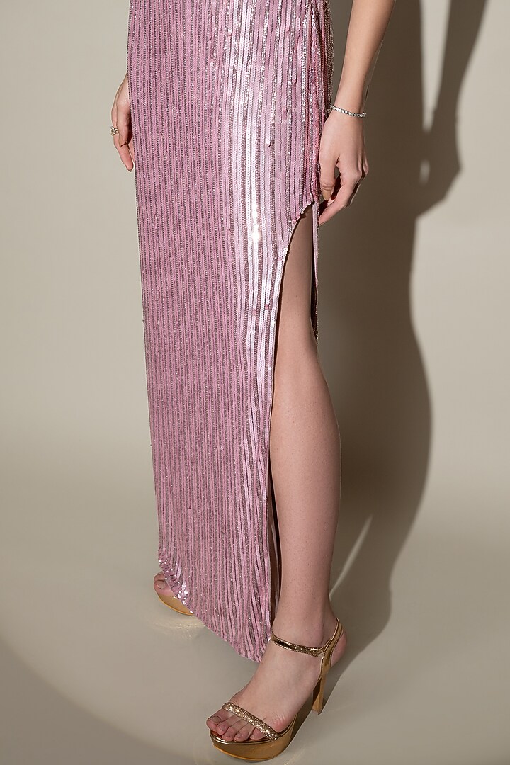 Cashmere Pink Tulle Net Hand Embellished One-Shoulder Party Wear Gown by Shine Bright at Pernia's Pop Up Shop