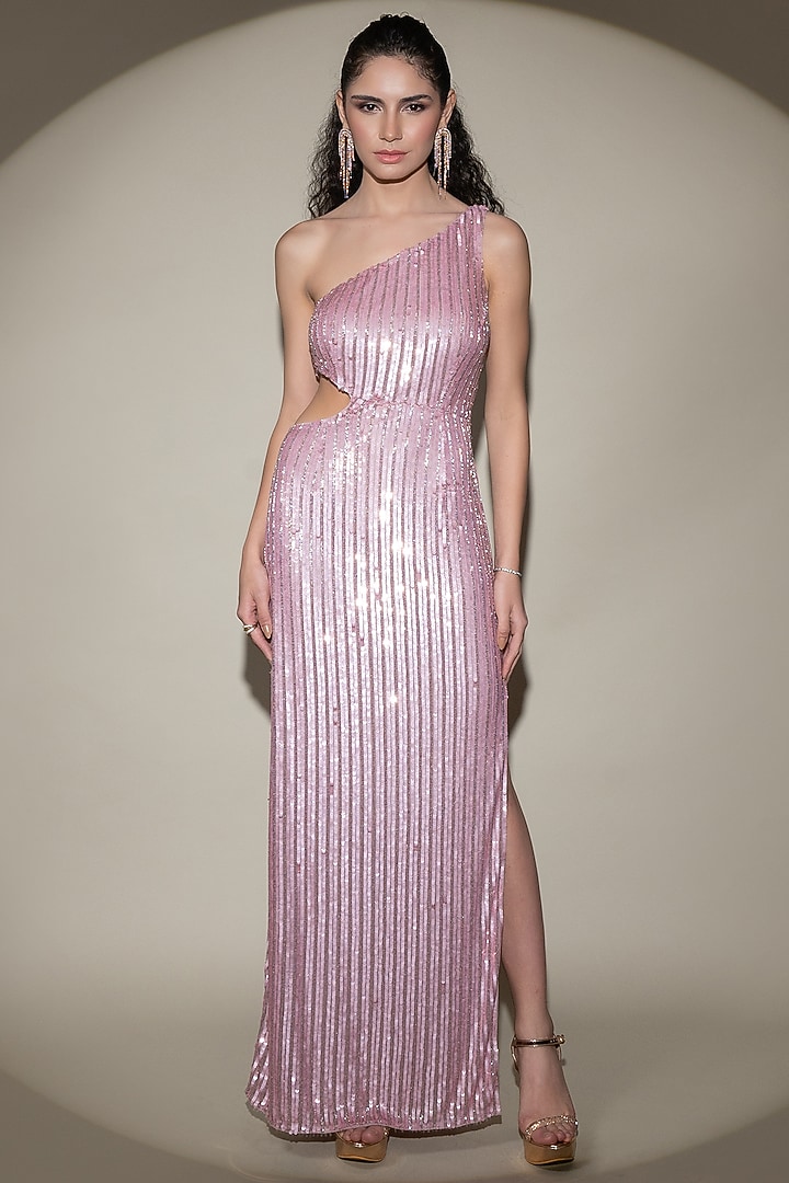 Cashmere Pink Tulle Net Hand Embellished One-Shoulder Party Wear Gown by Shine Bright at Pernia's Pop Up Shop