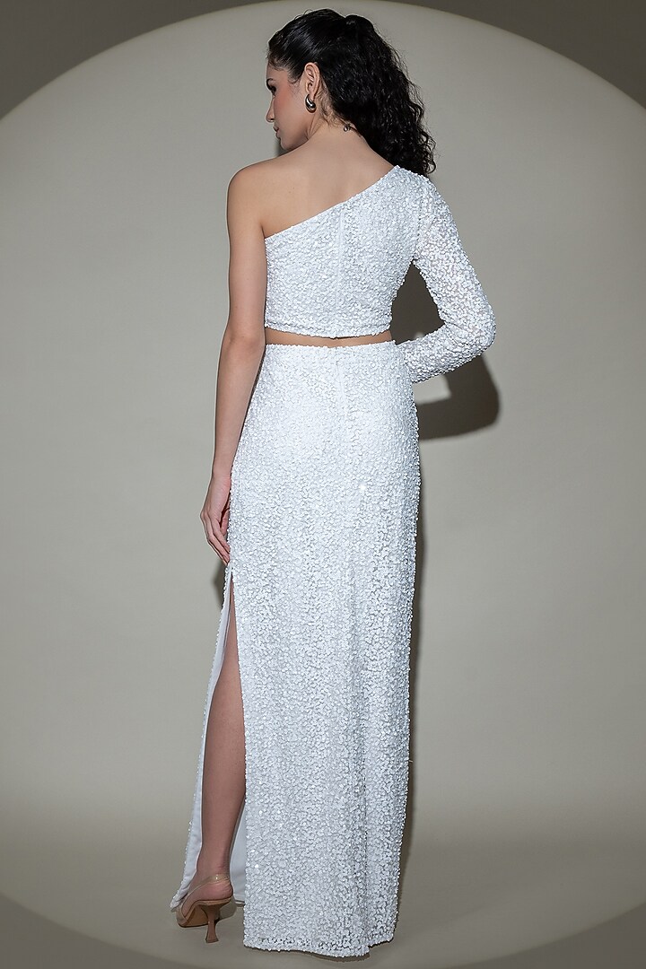 White Tulle Net Sequins Hand Embellished Co-Ord Set by Shine Bright at Pernia's Pop Up Shop