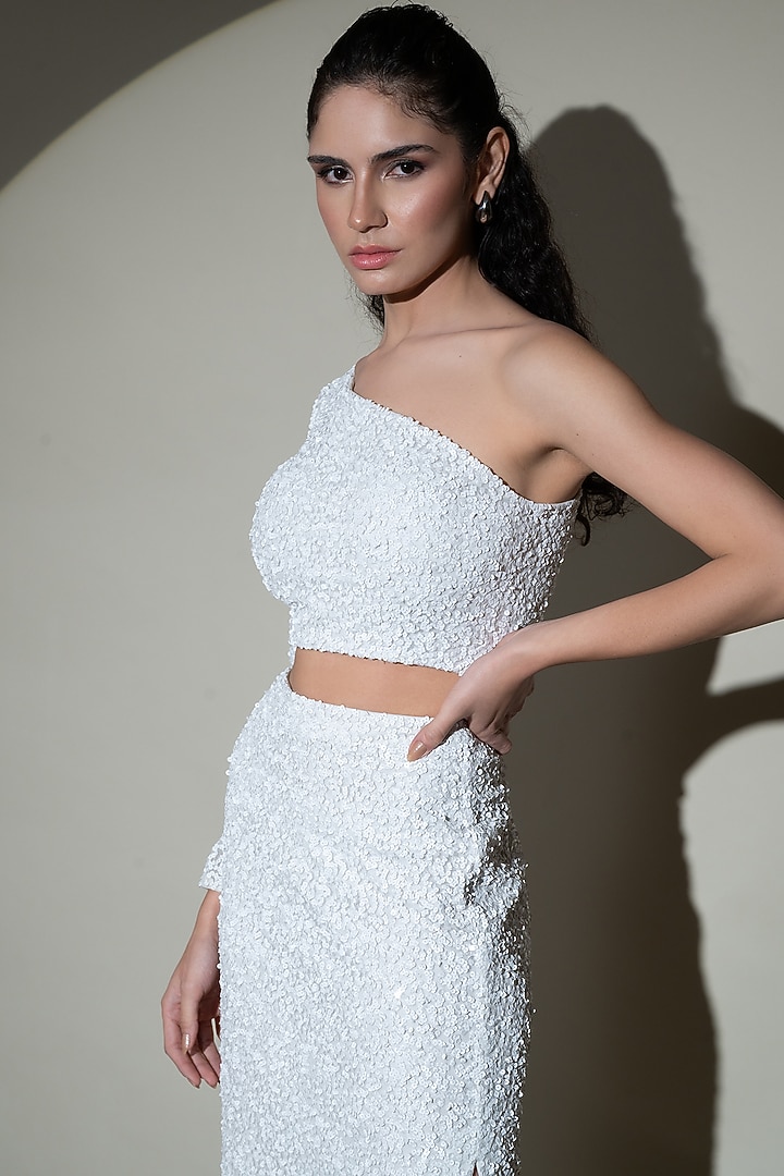 White Tulle Net Sequins Hand Embellished Co-Ord Set by Shine Bright at Pernia's Pop Up Shop