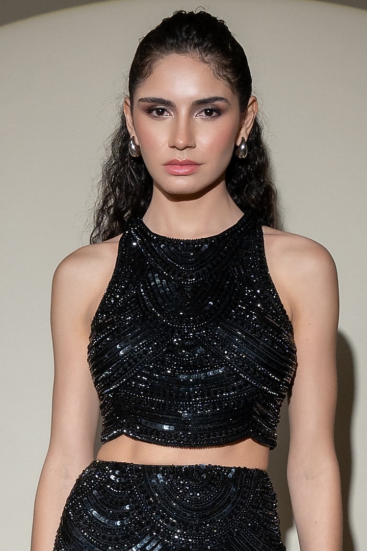 Black Tulle Net Sequins Embroidered Co-Ord Set by Shine Bright at Pernia's Pop Up Shop