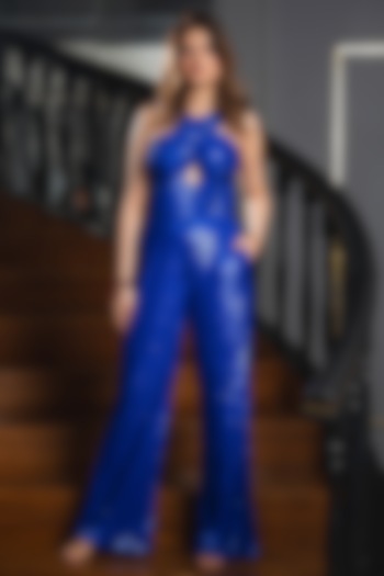 Electric Blue Tulle Net Sequins Hand Embroidered Jumpsuit by Shine Bright