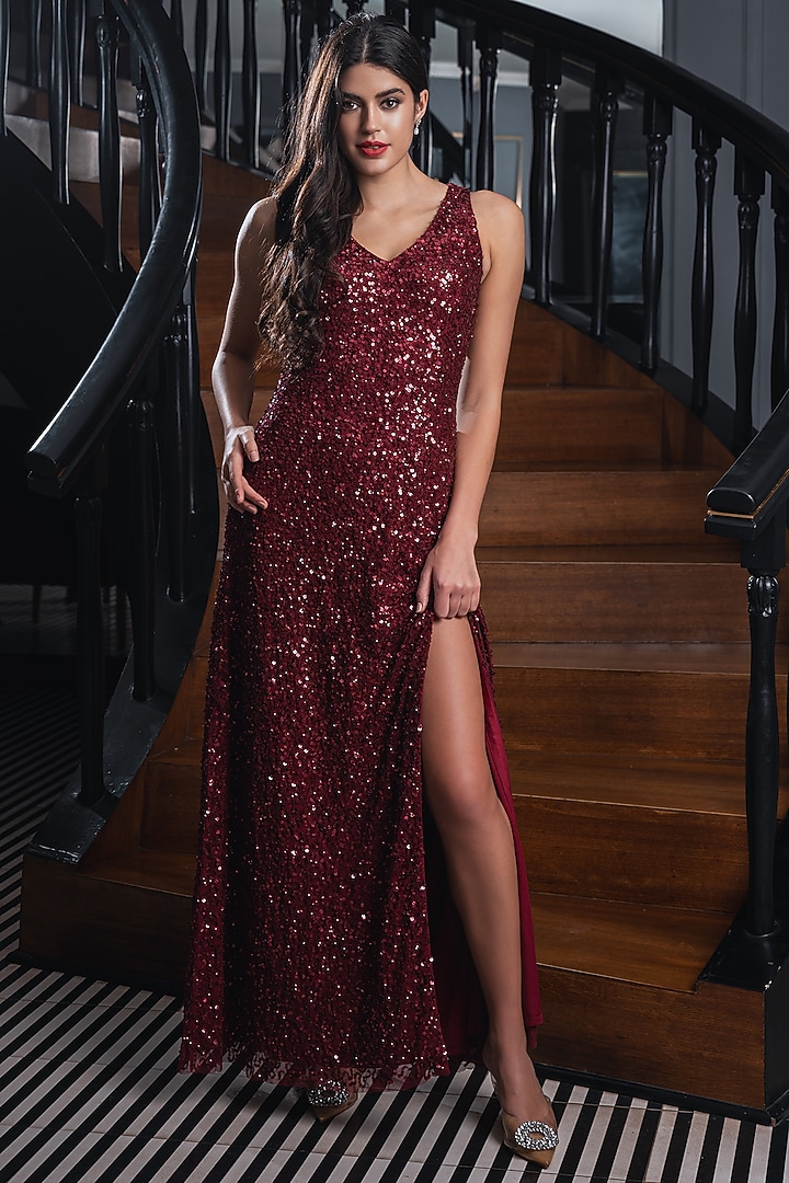 Burgundy Tulle Net Hand Embroidered Party Wear Gown by Shine Bright at Pernia's Pop Up Shop