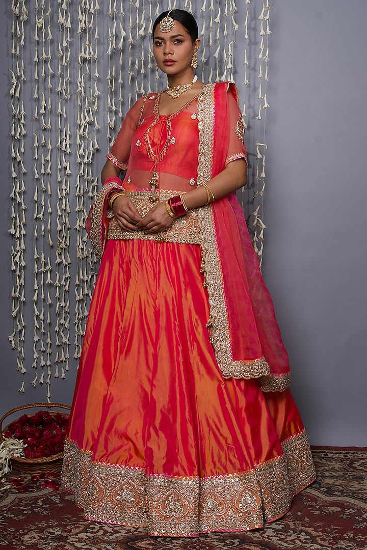 Orange Pure Silk Zardosi Handwork Bridal Lehenga Set by Shweta Dabas at Pernia's Pop Up Shop