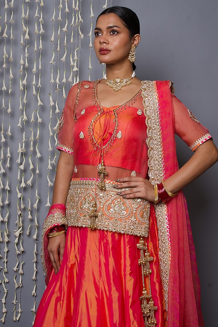 Orange Pure Silk Zardosi Handwork Bridal Lehenga Set by Shweta Dabas at Pernia's Pop Up Shop
