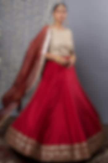 Maroon Pure Silk Zardosi Embroidered Bridal Lehenga Set by Shweta Dabas at Pernia's Pop Up Shop