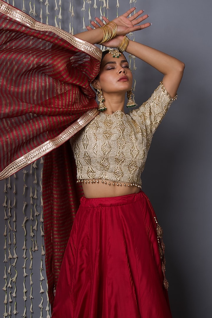 Maroon Pure Silk Zardosi Embroidered Bridal Lehenga Set by Shweta Dabas at Pernia's Pop Up Shop